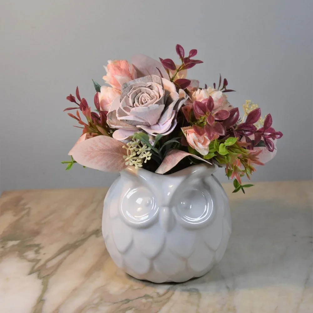 Wise Owl! 4 inch white ceramic owl planter with Sola wood bark rose arrangement